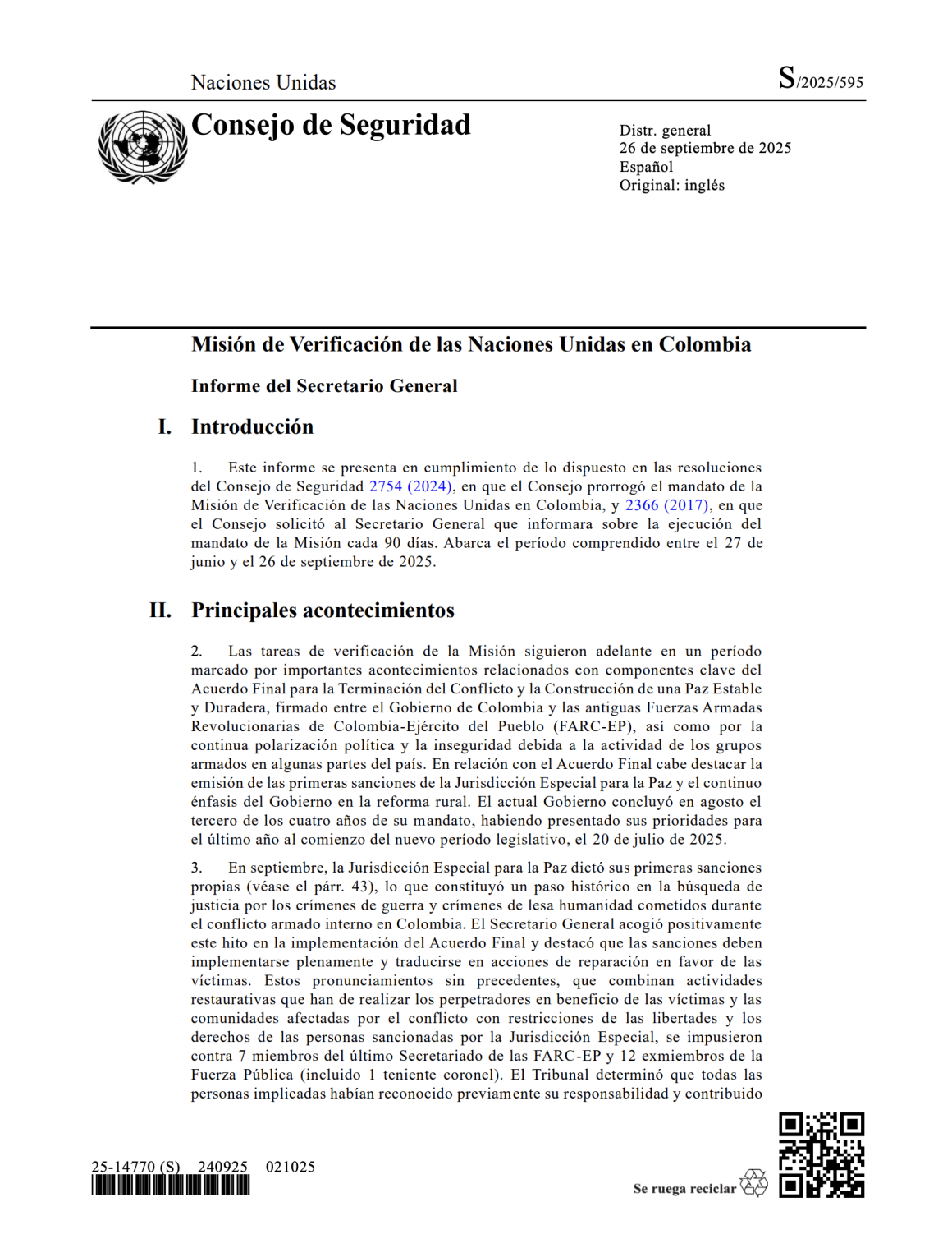Informe Trimestral del Secretario General sobre la Misión de Verificación en Colombia S/2025/595