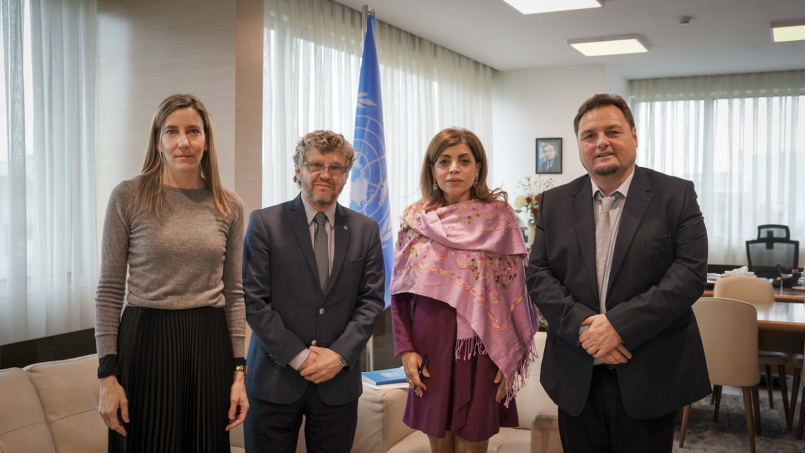 Four people standing in an office with a United Nations flag in the background. They are dressed in formal attire, and the setting includes chairs, a desk, and large windows with sheer curtains.